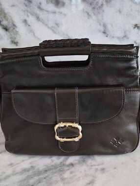 Patricia Nash Ovodda Dark Olive Leather Satchel with Gold Buckle Accent